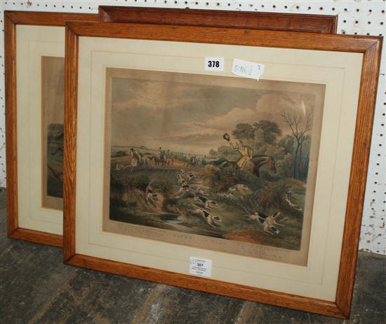 2 coloured hunting prints,  engraving, musician with dogs(-)